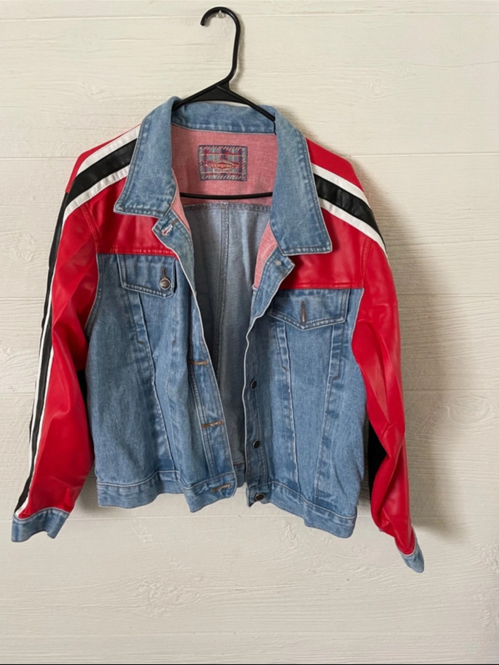 Revo Blue Denim Jacket with Red and Black Stripe Sleeves